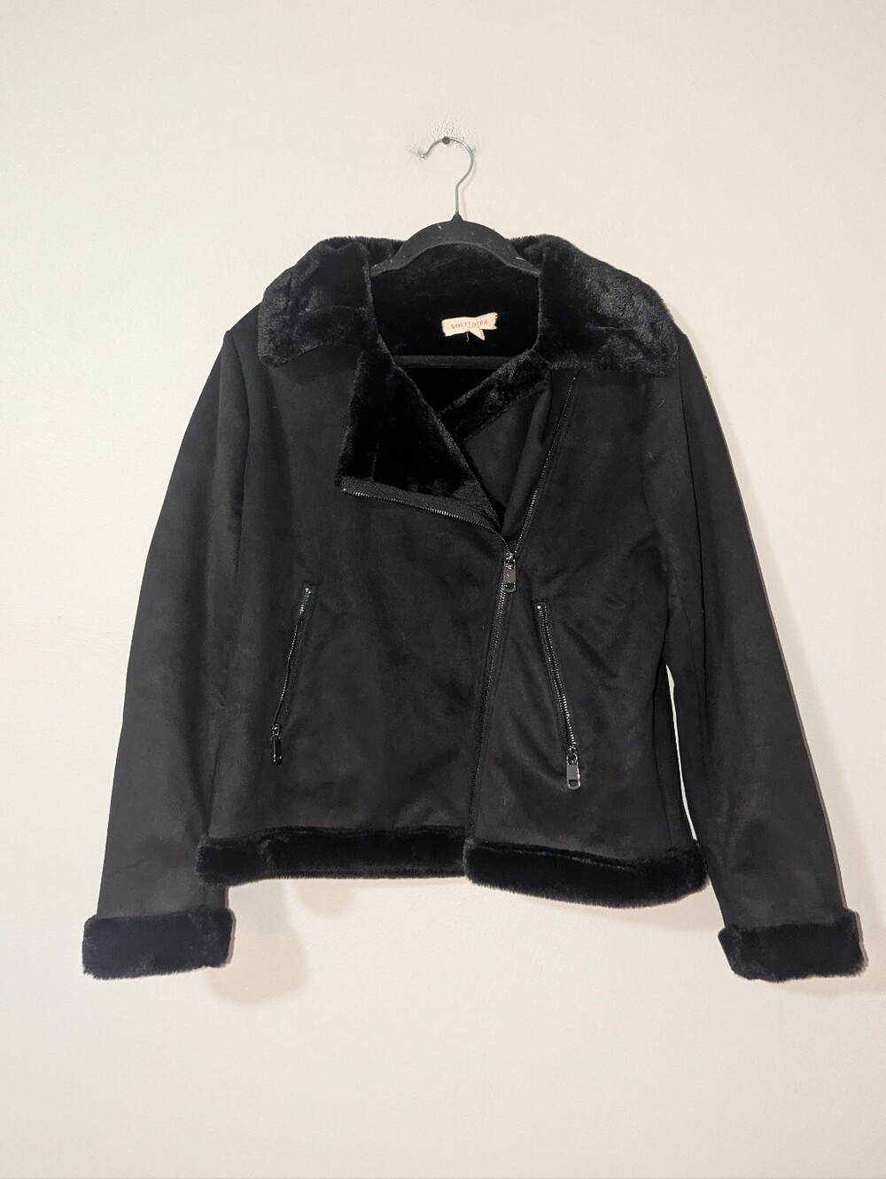 L Solitaire Black Faux Suede & Fur Vegan Moto Jacket
